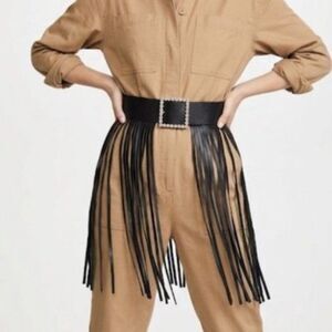 Women's NWOT Black Fringe Clear Gem Detail Buckle Elastic and Faux Leather Belt